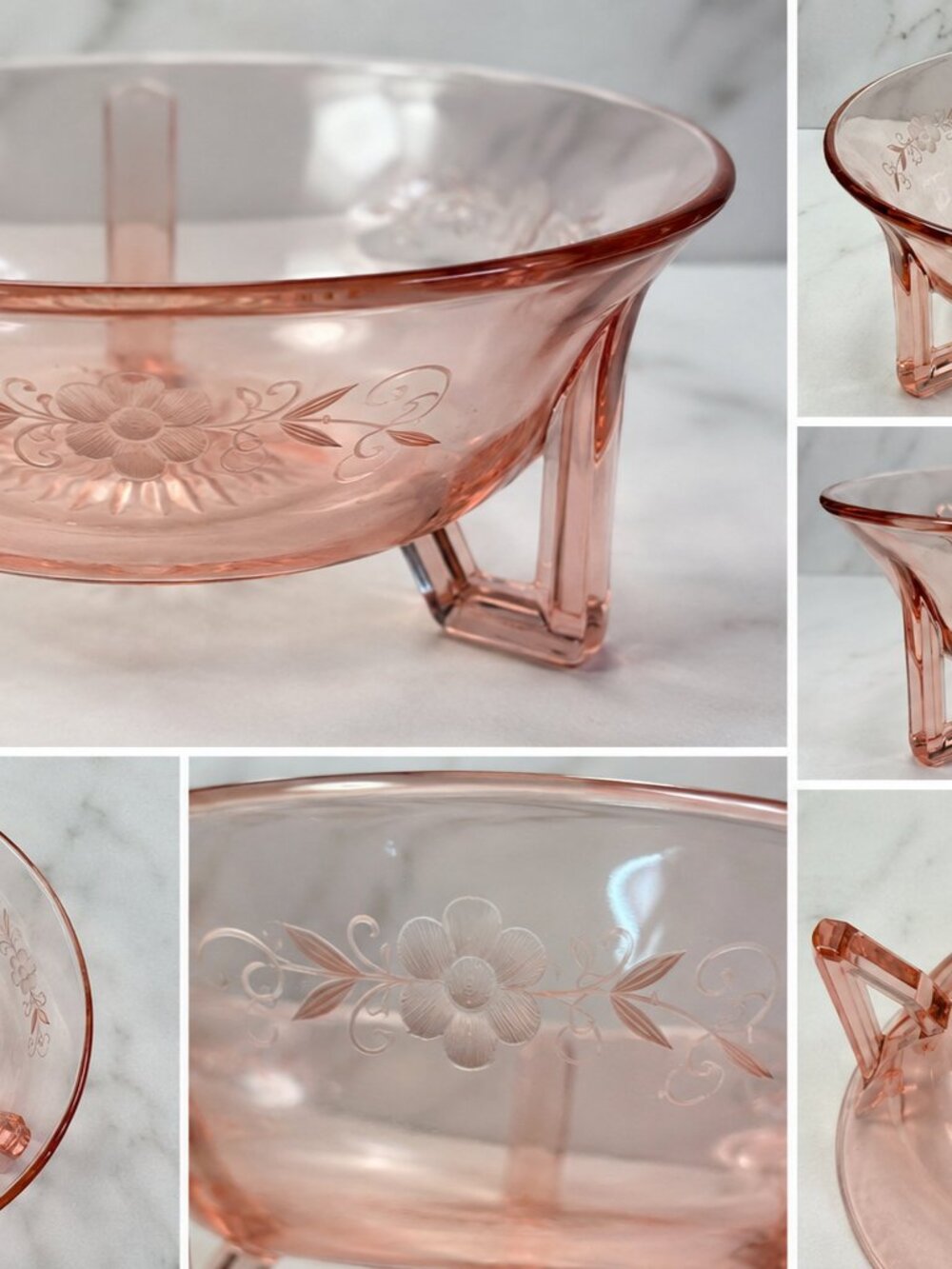 WSB-50--Vintage Pink Depression Glass Footed Serving Bowl